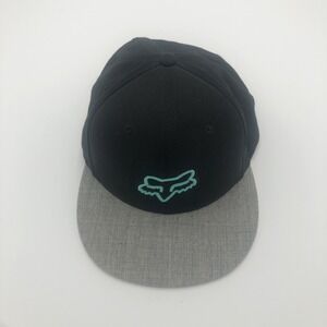 Fox Baseball Cap Hat Black Grey Snap Back Turquoise Lid